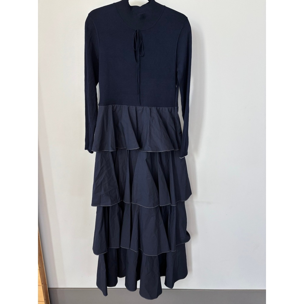 Something Navy Tiered Ruffle Maxi Dress Navy Blue Long Sleeve Ribbed Knit L